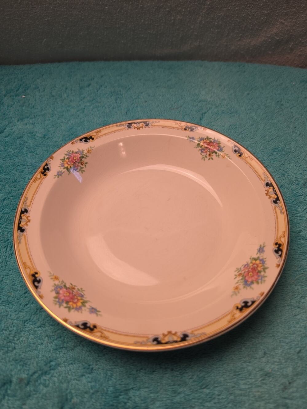 VTG Taylor Smith Taylor TST 1294 Rim Soup Bowl 8" Yellow Band Navy Scroll Floral